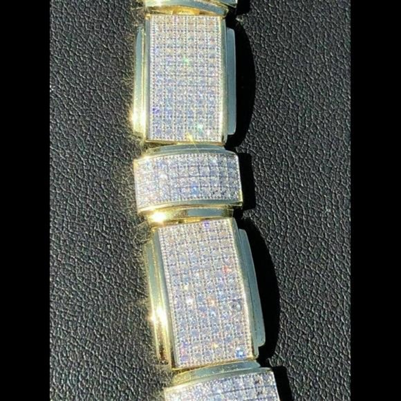 Mens Custom Bracelet 14k Yellow Gold Plated Solid 925 Silver Simulated Diamonds - Picture 7 of 10